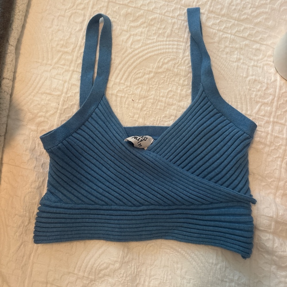 Princess Polly Blue Ribbed Wrap Crop Top